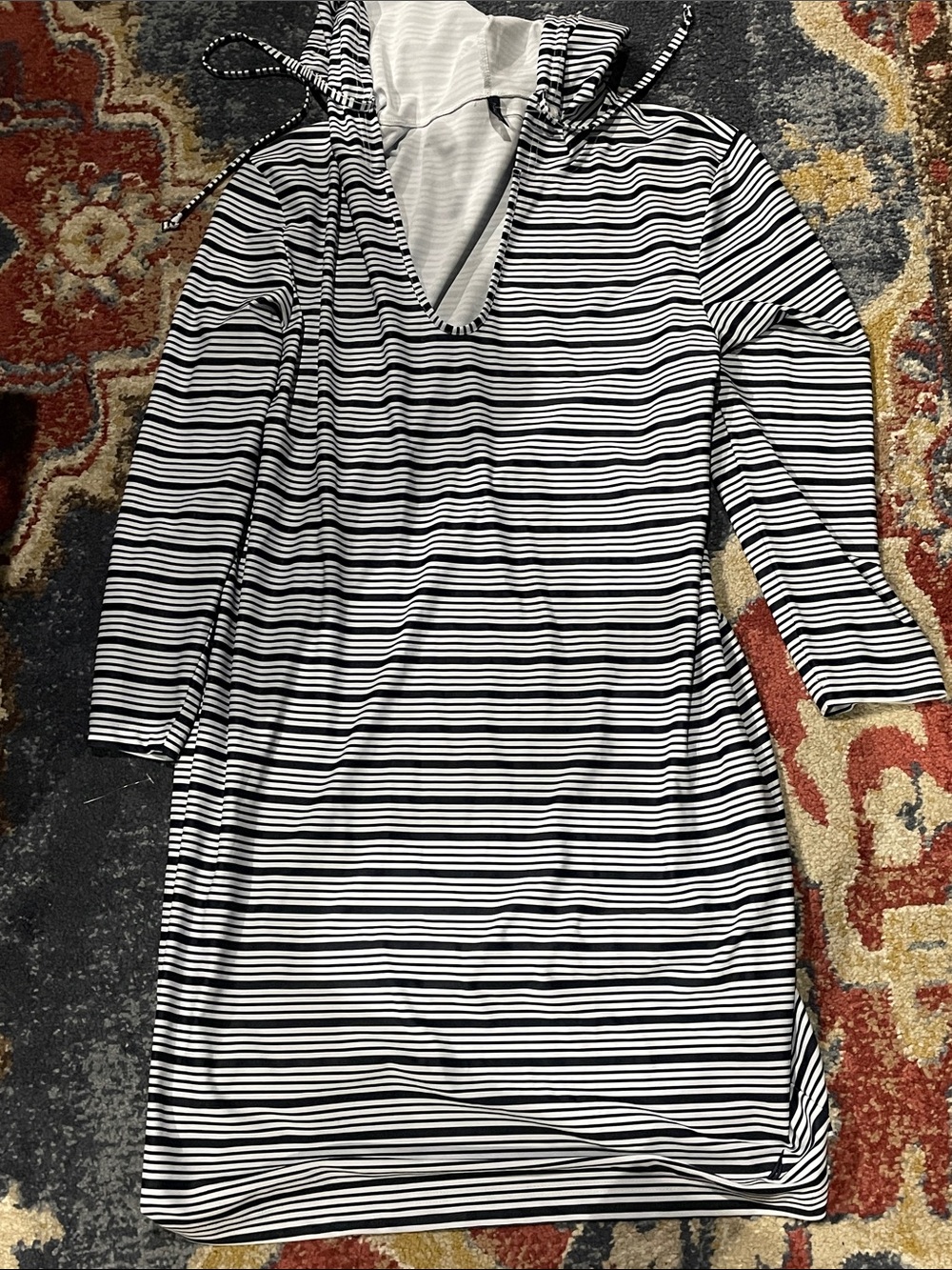 Nautica Navy & White Striped Long Sleeved Swimsuit Coverup Hooded Tunic